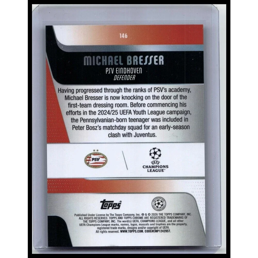 2025-26 Topps Chrome UEFA Michael Bresser #146 PSV Green X-Fractor Rookie #/99